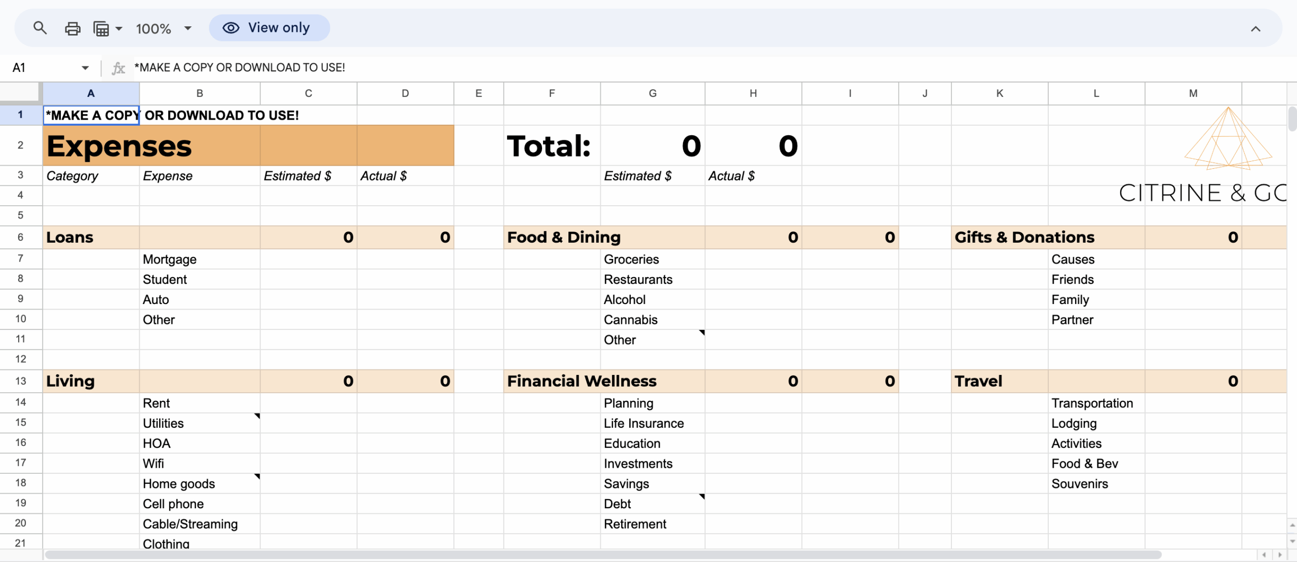 screenshot of Citrine & Gold's budget spreadsheet template