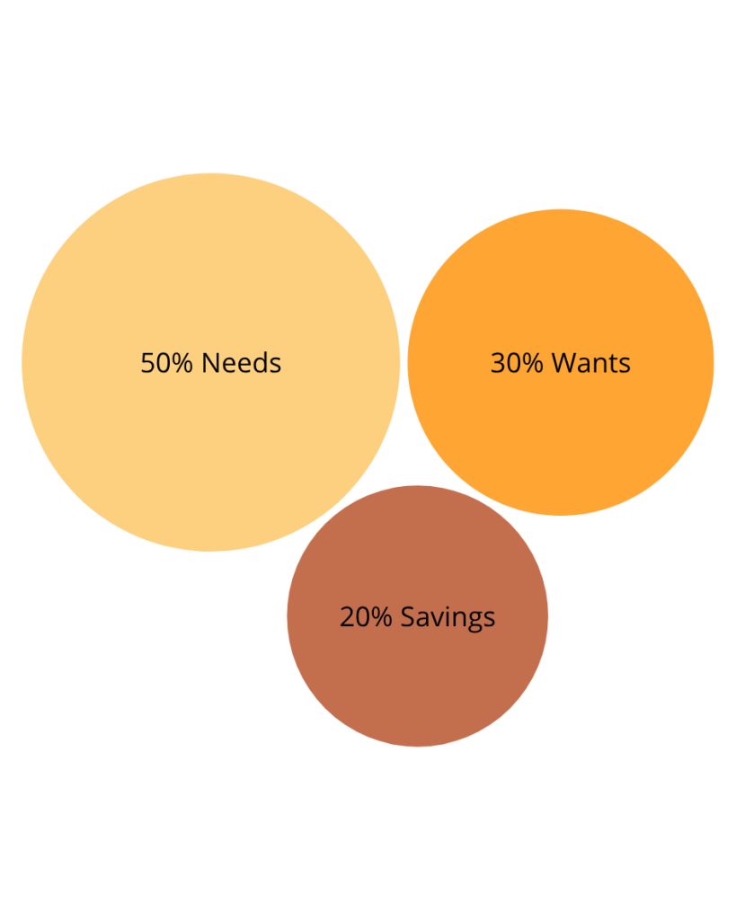 3 circles labeled: 50$ needs, 30% wants, 20% savings