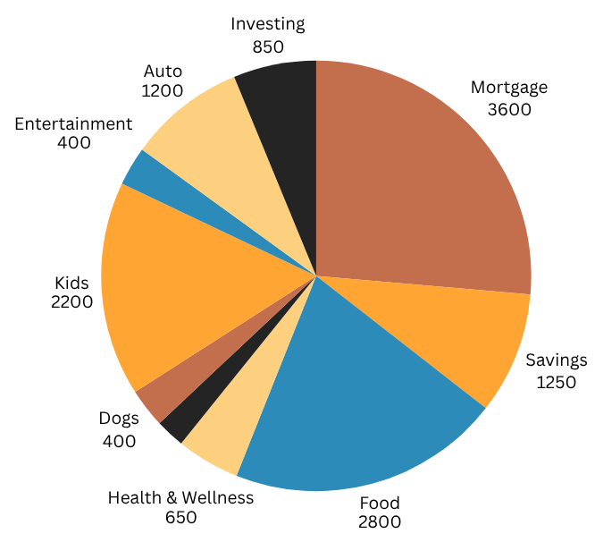 Pie chart with various budget categories and every dollar allocated