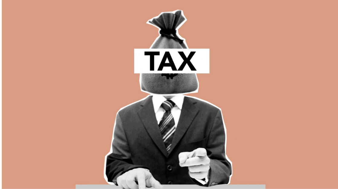 A stylized image of a person in a suit with a bag labeled “TAX” as the head