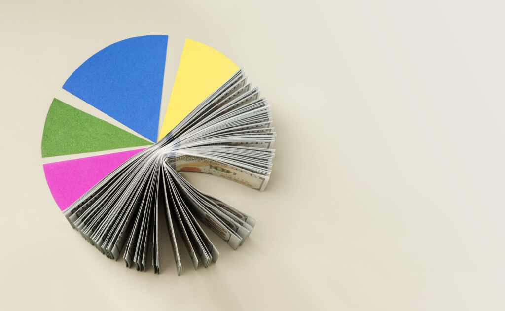 pie chart with a portion made of dollar bills to represent an investment portfolio